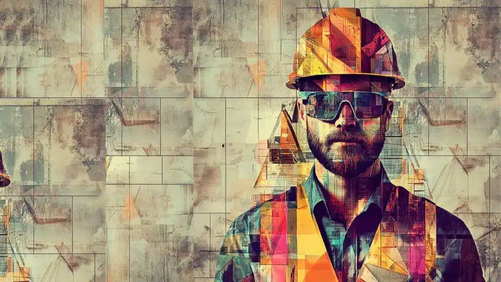 A custom image that shows a construction worker made from hundreds of smaller images showing the idea that our HVAC and plumbing jobs in Connecticut are not just jobs but a place build yourself as a person.