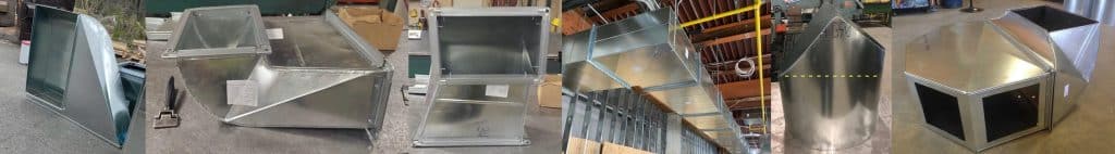 A collage of various custom sheetmetal ductwork images showcasing our mechanical contracting services in CT.